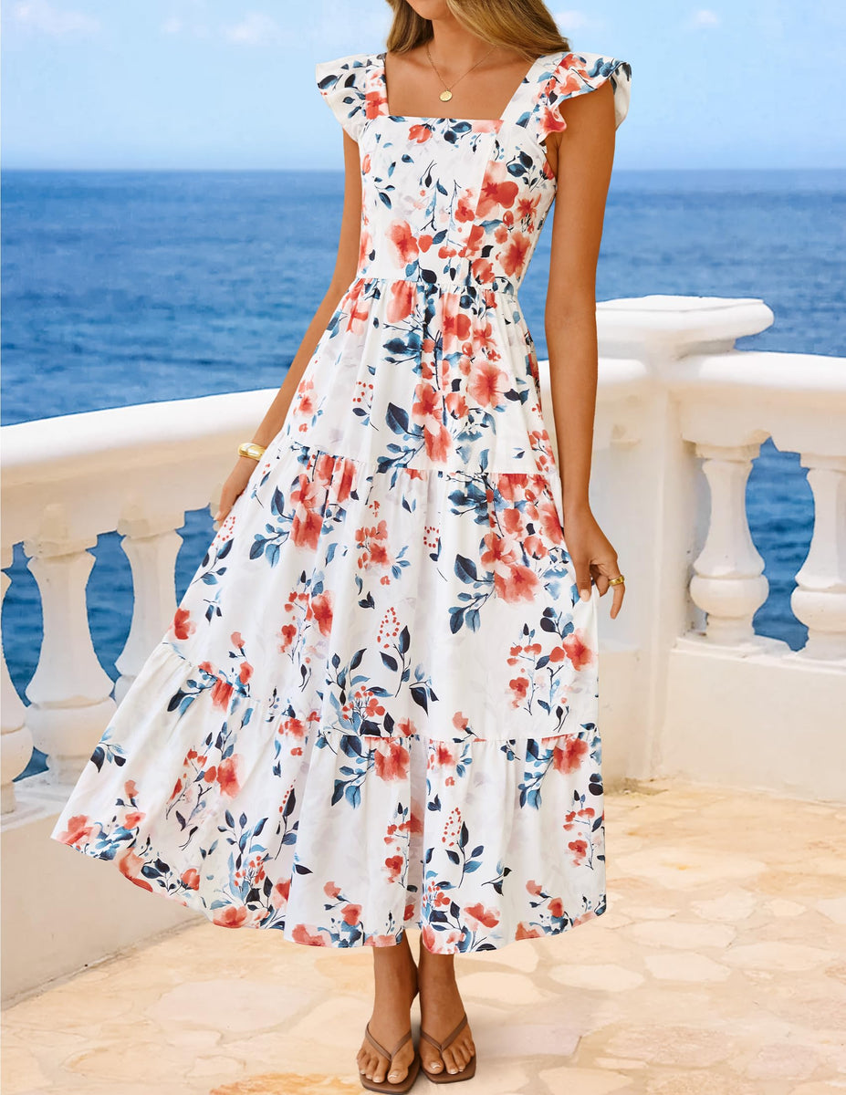 ZESICA Women's Summer Boho Floral Midi Dress 2026 Casual Ruffle Cap Sl