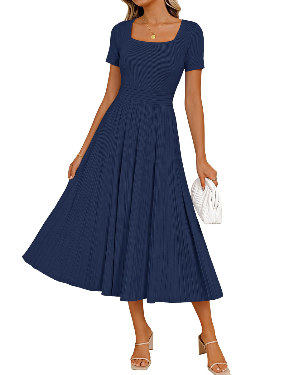 ZESICA Womens Summer Pleated Midi Dress 2026 Spring Business Casual Sh