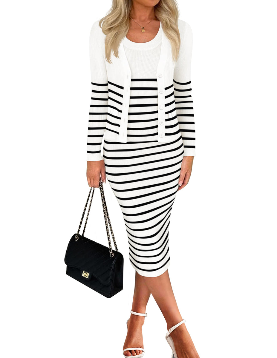 ZESICA Bodycon Sweater Dress Cropped Cardigan Striped Fall Knit Sets zesica ZESICA Bodycon Sweater Dress Cropped Cardigan Striped Fall Knit Sets zesica
