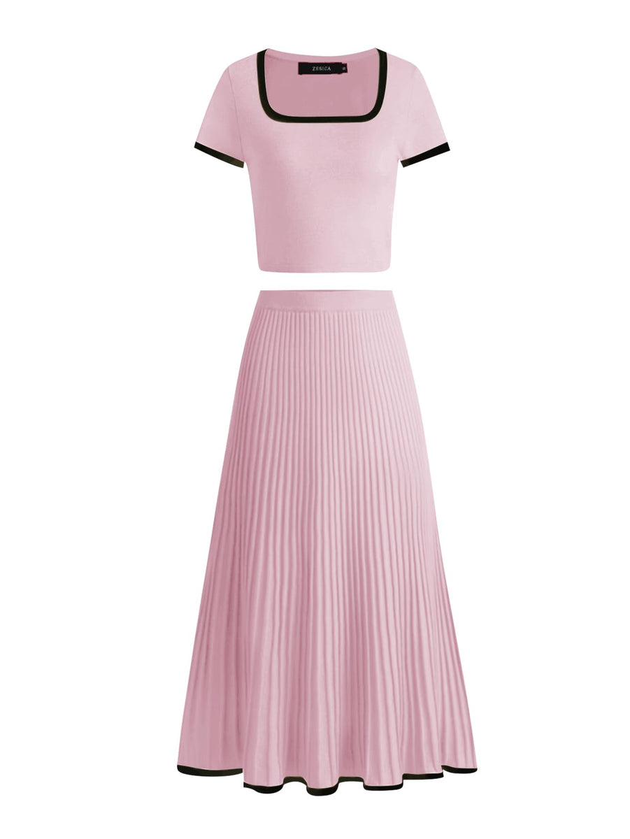 ZESICA Two Piece Short Sleeve Crop Top and Pleated Skirts – zesica