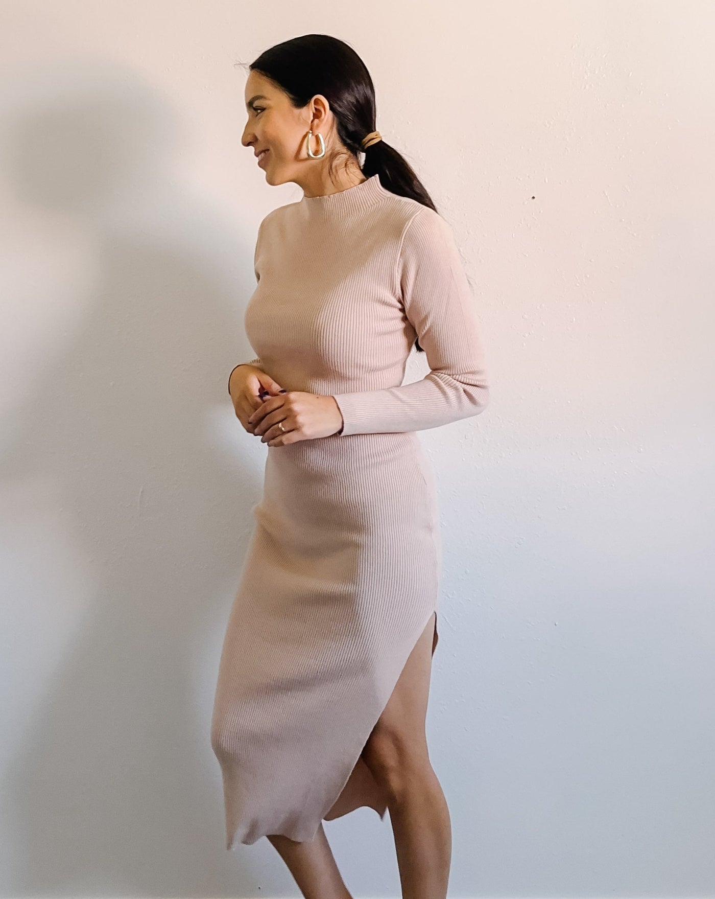 ZESICA Long Sleeve Mock Neck Ribbed Knit Slit Midi Dress zesica ZESICA Long Sleeve Mock Neck Ribbed Knit Slit Midi Dress zesica