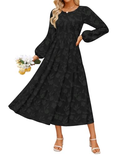 long sleeve boho dress wedding guest Prettygarden Women's Fall Wedding Guest Dresses Boho Floral Long Sleeve V Neck Flowy Elegant Maxi Dress Beach Clothes, Size: Small, White