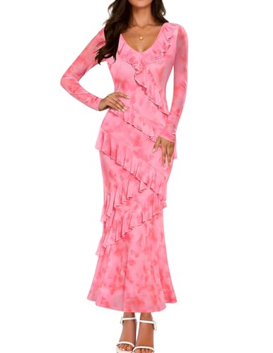 ZESICA Fall Floral Boho Bodycon V Neck Ruffle Wedding Dresses