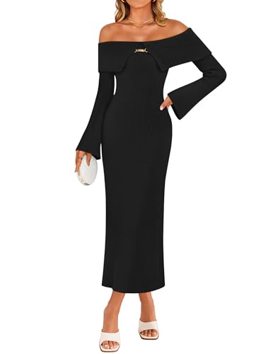 ZESICA Off Shoulder Sweater Bell Ribbed Knit Bodycon Dresses