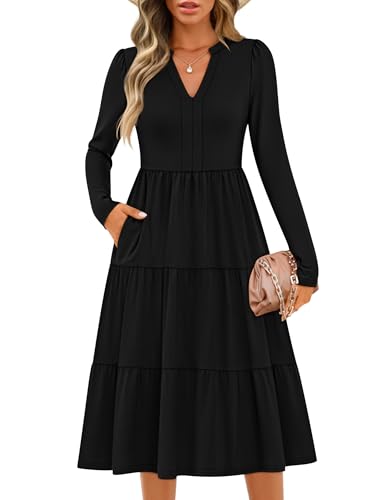 ZESICA V Neck Casual Loose Ruffle Flowy A Line Tiered Dress