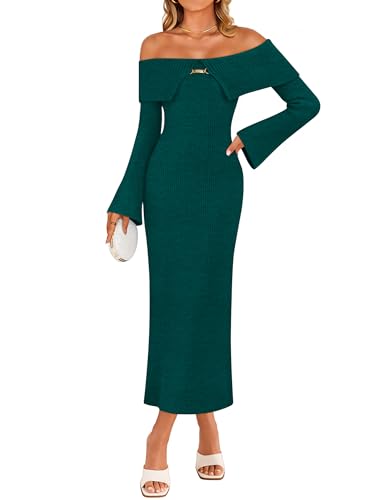 ZESICA Off Shoulder Sweater Bell Ribbed Knit Bodycon Dresses