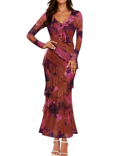ZESICA Fall Floral Boho Bodycon V Neck Ruffle Wedding Dresses