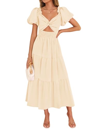 ZESICA Smocked Short Puff Sleeve Twist Knot Cutout Flowy Dresses zesica ZESICA Smocked Short Puff Sleeve Twist Knot Cutout Flowy Dresses zesica
