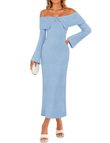 ZESICA Off Shoulder Sweater Bell Ribbed Knit Bodycon Dresses