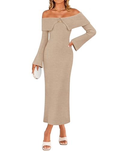 ZESICA Off Shoulder Sweater Bell Ribbed Knit Bodycon Dresses