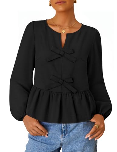 ZESICA Long Sleeve Babydoll Crewneck Tie Front Ruffle Flowy Peplum Shirts
