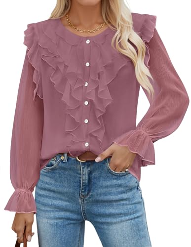 ZESICA Chiffon Dressy Button Down V Neck Ruffle Layered Shirts