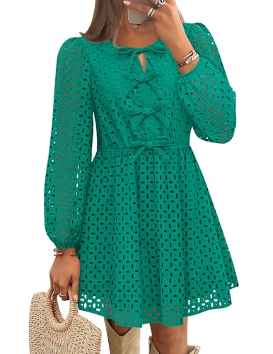 ZESICA Crewneck Tie Front Hollow Out Eyelet Short Dresses