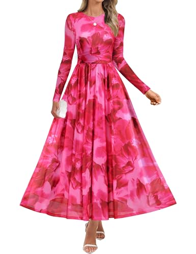 ZESICA Fall Crewneck Floral Print Mesh Ruched Guest Dresses