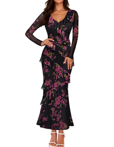 ZESICA Fall Floral Boho Bodycon V Neck Ruffle Wedding Dresses