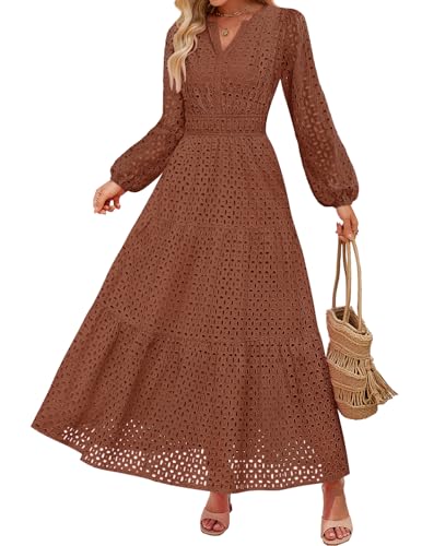 ZESICA V Neck Hollow Out Eyelet A Line Long Flowy Party Dresses
