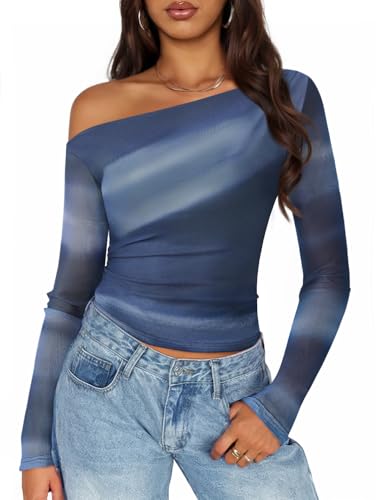 ZESICA Floral Off Shoulder Long Sleeve Mesh Ruched Fitted Shirts