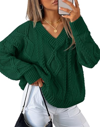 ZESICA Fall Sweaters V Neck Cable Knit Trendy Pullover Tops