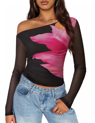ZESICA Floral Off Shoulder Long Sleeve Mesh Ruched Fitted Shirts