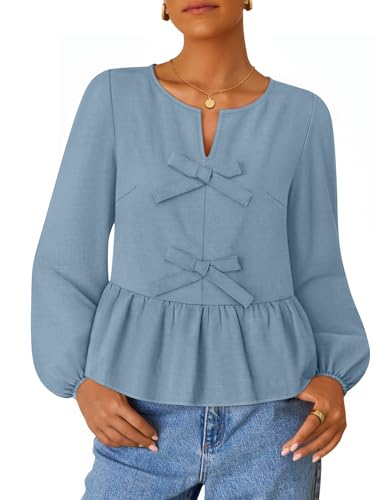ZESICA Long Sleeve Babydoll Crewneck Tie Front Ruffle Flowy Peplum Shirts