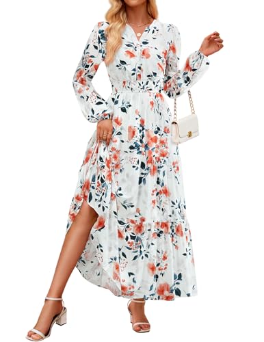 ZESICA Floral Print V Neck Empire Waist A Line Tiered Boho Dresses