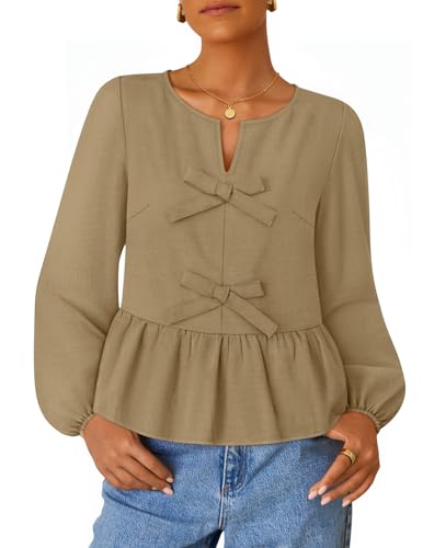 ZESICA Long Sleeve Babydoll Crewneck Tie Front Ruffle Flowy Peplum Shirts