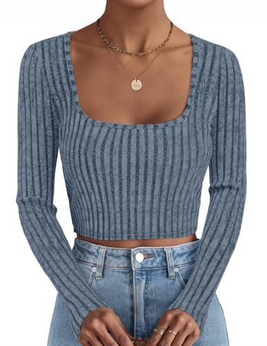 ZESICA Long Sleeve Crop Tops Square Neck Slim Fitted Shirts