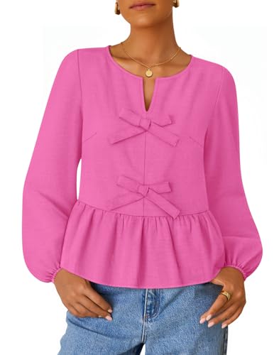 ZESICA Long Sleeve Babydoll Crewneck Tie Front Ruffle Flowy Peplum Shirts