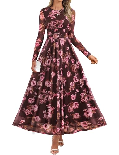 ZESICA Fall Crewneck Floral Print Mesh Ruched Guest Dresses