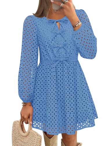 ZESICA Crewneck Tie Front Hollow Out Eyelet Short Dresses