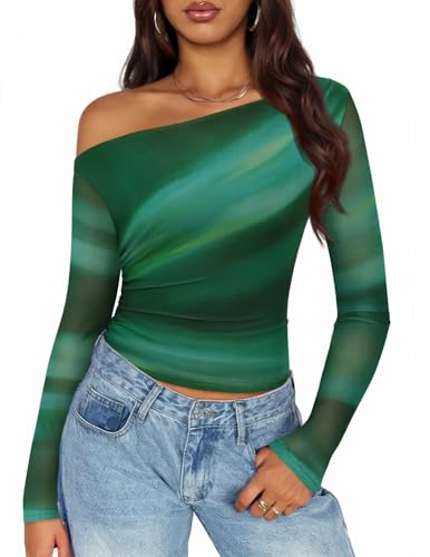 ZESICA Floral Off Shoulder Long Sleeve Mesh Ruched Fitted Shirts