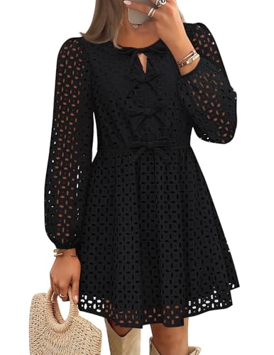 ZESICA Crewneck Tie Front Hollow Out Eyelet Short Dresses