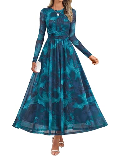 ZESICA Fall Crewneck Floral Print Mesh Ruched Guest Dresses