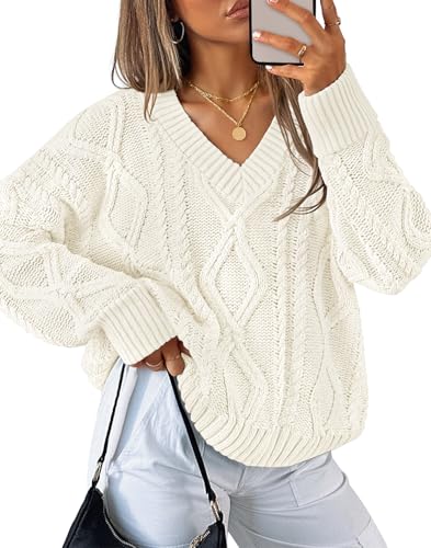 ZESICA Fall Sweaters V Neck Cable Knit Trendy Pullover Tops