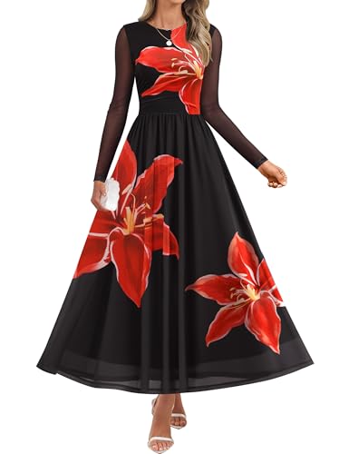 ZESICA Fall Crewneck Floral Print Mesh Ruched Guest Dresses