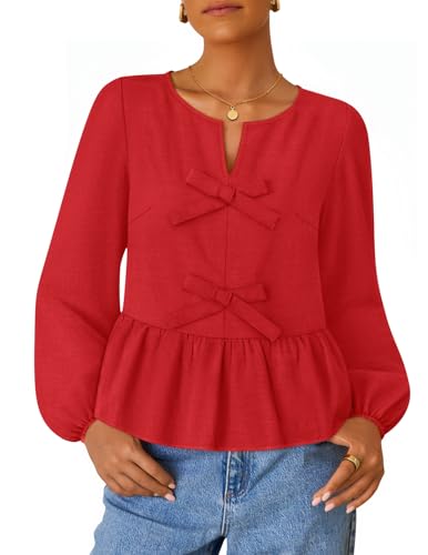 ZESICA Long Sleeve Babydoll Crewneck Tie Front Ruffle Flowy Peplum Shirts