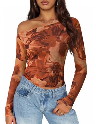 ZESICA Floral Off Shoulder Long Sleeve Mesh Ruched Fitted Shirts