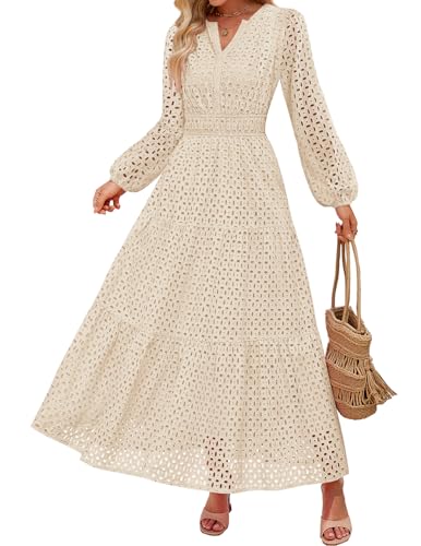 ZESICA V Neck Hollow Out Eyelet A Line Long Flowy Party Dresses
