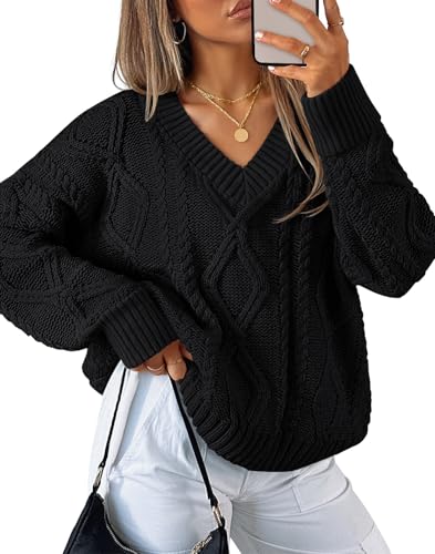 ZESICA Fall Sweaters V Neck Cable Knit Trendy Pullover Tops