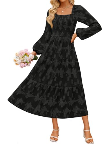 ZESICA Floral Long Sleeve Square Neck Flowy Vacation Dresses