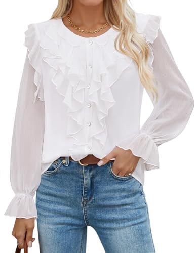 ZESICA Chiffon Dressy Button Down V Neck Ruffle Layered Shirts