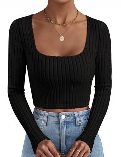 ZESICA Long Sleeve Crop Tops Square Neck Slim Fitted Shirts