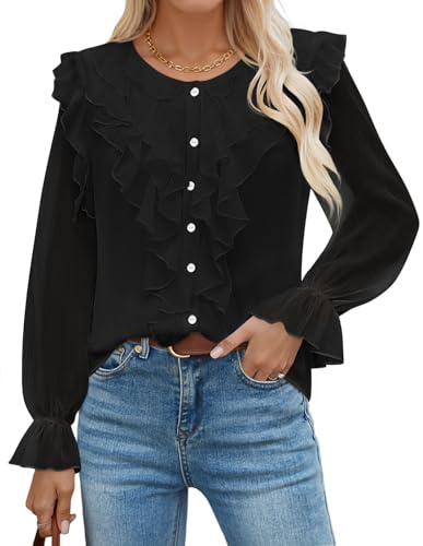 ZESICA Chiffon Dressy Button Down V Neck Ruffle Layered Shirts