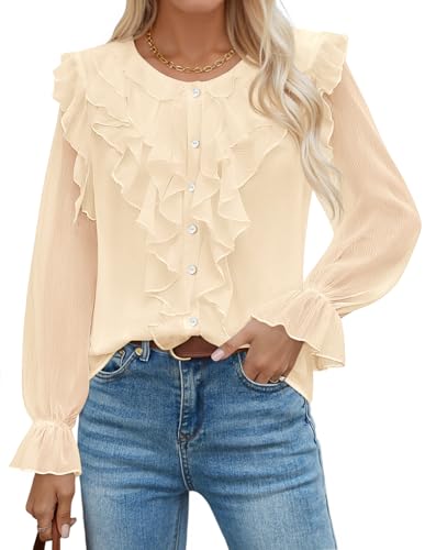 ZESICA Chiffon Dressy Button Down V Neck Ruffle Layered Shirts
