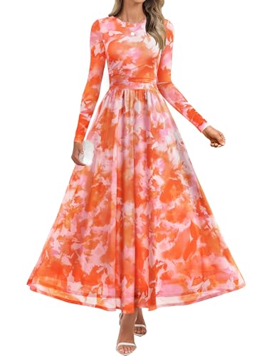ZESICA Fall Crewneck Floral Print Mesh Ruched Guest Dresses