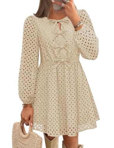 ZESICA Crewneck Tie Front Hollow Out Eyelet Short Dresses zesica ZESICA Crewneck Tie Front Hollow Out Eyelet Short Dresses zesica