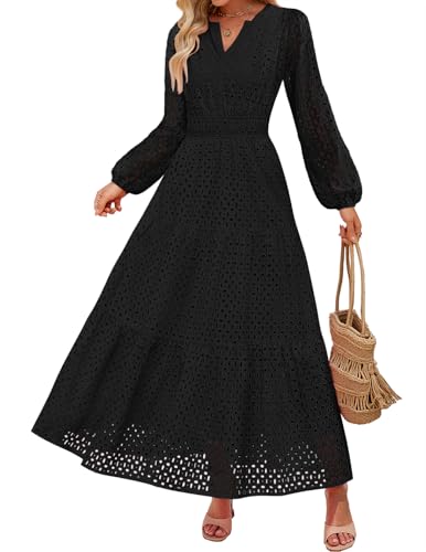 ZESICA V Neck Hollow Out Eyelet A Line Long Flowy Party Dresses