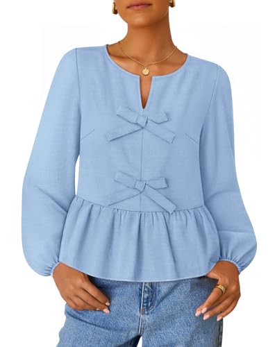 ZESICA Long Sleeve Babydoll Crewneck Tie Front Ruffle Flowy Peplum Shirts