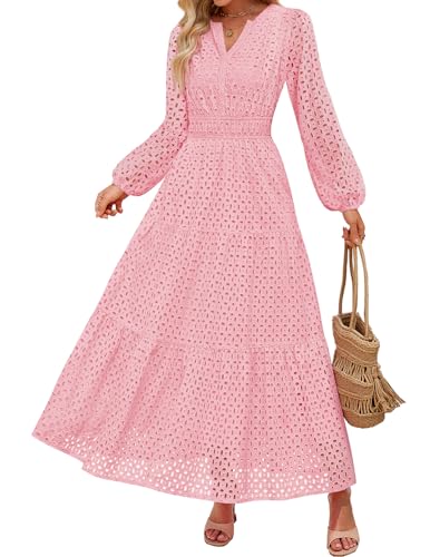 ZESICA V Neck Hollow Out Eyelet A Line Long Flowy Party Dresses