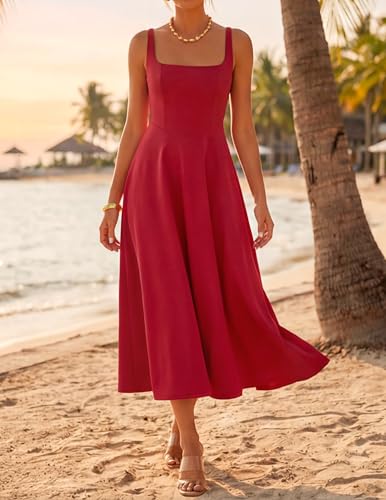 ZESICA Women's Summer Sleeveless Midi Dress 2026 Square Neck Elegant F zesica ZESICA Women's Summer Sleeveless Midi Dress 2026 Square Neck Elegant F zesica